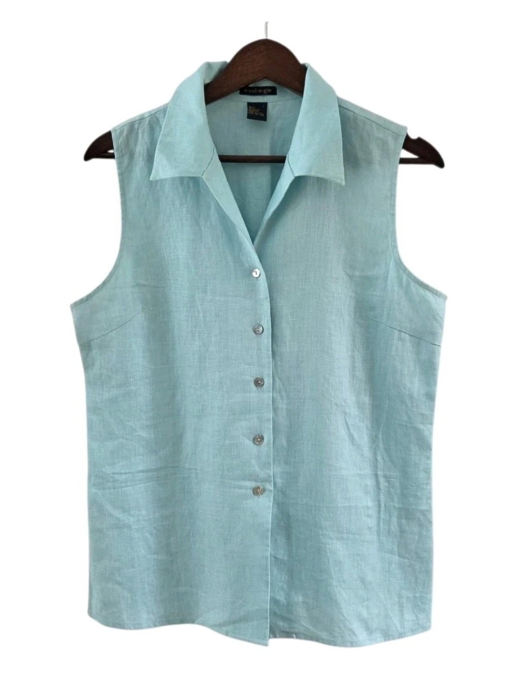 Ecologie 100% Linen Light Blue Button Down Tank Top Sleeveless Womens Size L